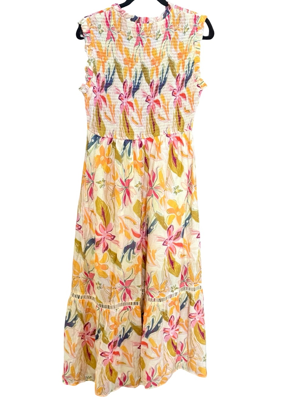 Stitch + Feather Floral Smocked Midi Dress Large Boho Cottagecore Ruffle Sleeve
